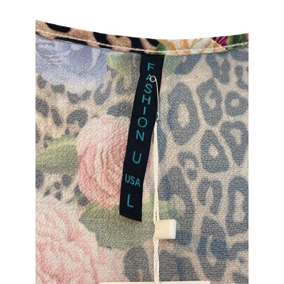 Open Front Sleeveless Duster Cardigan L Asymmetrical Leopard Floral Boho Western - Picture 11 of 13